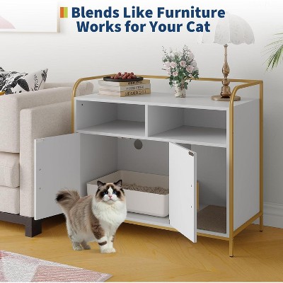Multi-Function Cat Washroom Furniture with Barn Door, Dog Proof Feline Litter Box Enclosure with Hidden Litter Box Cover, Wooden Kitty House