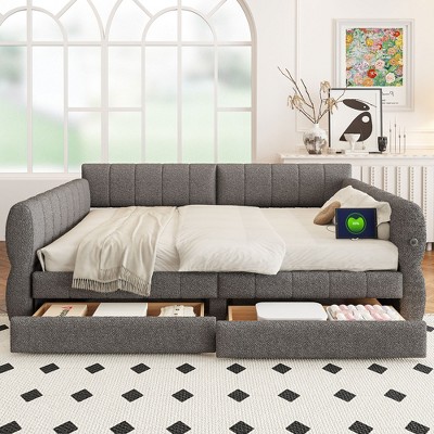 Whisen Queen Upholstered Platform Bed with Lambswool & USB Charging - 2 Storage Drawers, No Box Spring Needed