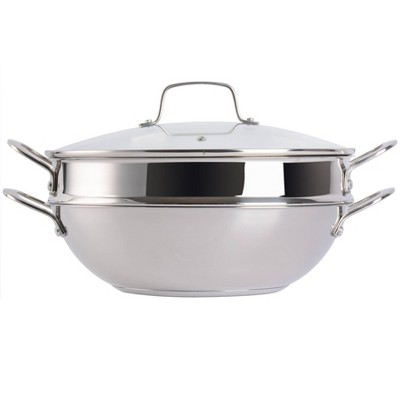 Martha Stewart Castelle 12" Stainless Steel Essential Pan with Steamer: 3.2 Qt, Oven-Safe, Induction Compatible, Silver