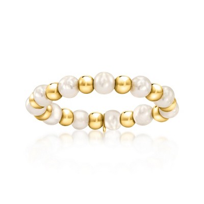 Pure Collection by Ross-Simons 3-3.5mm Cultured Pearl and 14kt Yellow Gold Bead Stretch Ring
