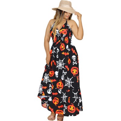 HAPPY BAY Women's Beach Vintage Halloween Costumes Theme Evening Party Halter Maxi Frill Elastic Waist Dress for Women S-M Scary Clip Art, Night Black