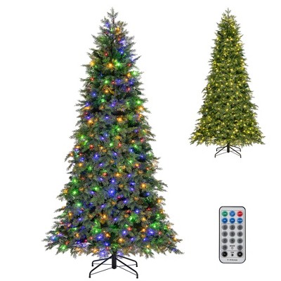 Tangkula 7.5FT Pre-Lit Christmas Tree Hinged Artificial Tree with 1019 Branch Tips 400 LED Lights 2 Lighting Colors 11 Modes Memory Function Timer