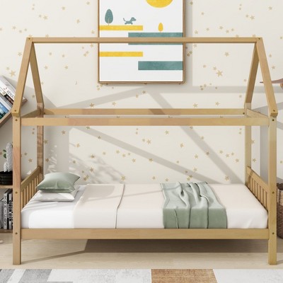 PAGED Twin Size House Shaped Bed Modern Wooden Bed Frame with Headboard and Footboard for Bedroom