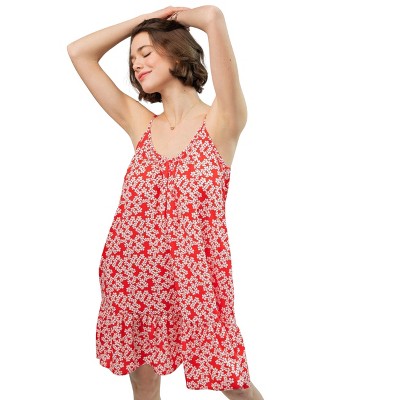 Slickblue Red Floral Printed Wool Peach Cami Dress with Scoop Neck, Spaghetti Straps, and Ruffled Bottom, Size S-L