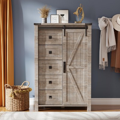SinCiDo Farmhouse Modern 5 Drawer Tall Dresser w/Sliding Barn Door, Storage Organizer Dresser for Bedroom, Living Room & Kids Room
