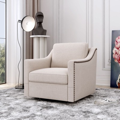 Sapphtopaz Cotton Linen Swivel Accent Chair, Upholstered Swivel Comfy Chair Armchair with Brass Nail Decorative, Accent Chairs for Living Room