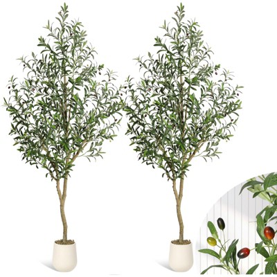 5/6/7ft Faux Olive Tree, Fake Potted Olive Silk Tree with Planter, Natural Olive Branch, Artificial Tree for Home House Office Decor Indoor