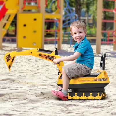 Hachikiko 2-in-1 Ride On Excavator Toy for 3Y+ ,Yellow Black Kids Walker Digger with Movable Scooter, Storage Basket & Pretend Construction Play Truck