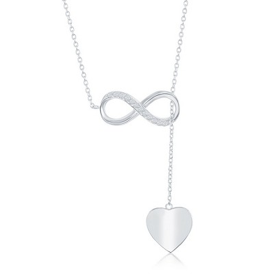 Bella Silver Sterling Silver, Half CZ Infinity with Shiny Heart Lariat Y Necklace - Silver - 16+2 Inch