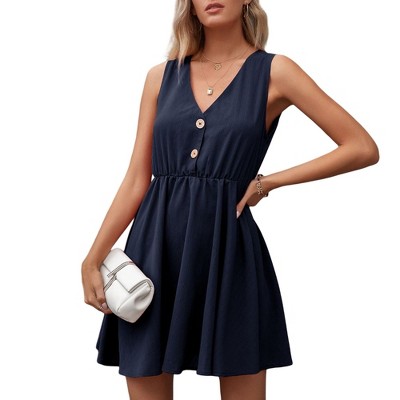Anna-Kaci Women's Sleeveless Mini Dress with V-Neckline Front Buttons and Elastic Waist