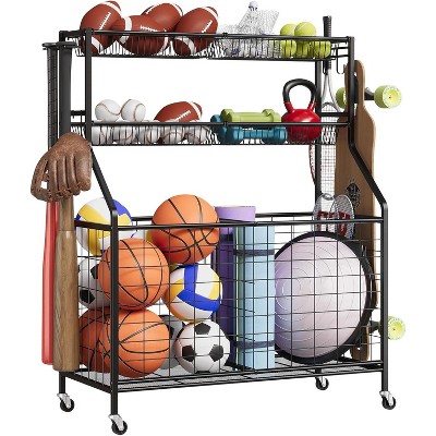 Sports Equipment Garage Organizer, Large Capacity Sports & Toy Storage Organizer for Garage, Outdoor Ball Storage with Baskets, Hooks & Rolling Cart