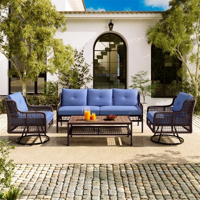ELJGET 4 Pieces Patio Furniture Set with Swivel Chairs, Wicker Rattan Sofa with Extra Thick Cushion and Coffee Table for Garden Backyard Deck