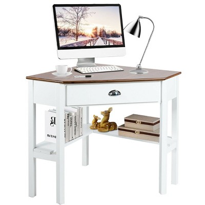 Costway Triangle Computer Desk Corner Office Desk Laptop Table with Drawer Shelves Rustic Brown&Black/White/Black/Coffee/Grey/Natural&White