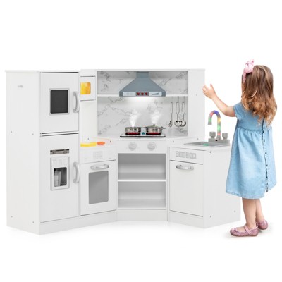 Infans Kids Corner Kitchen Playset Wooden Pretend Play Toy with Microwave & Ice Maker