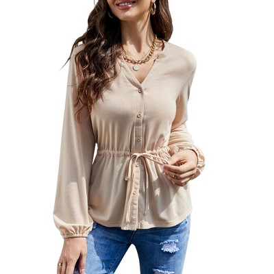 Womens Long Sleeve Shirts Front Button Down V Neck Blouse Waist Drawstring Peplum Blouse Casual Tops with Gathered Cuff