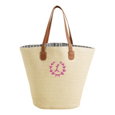 Personalization Mall Floral Wreath Embroidered Initial Straw Beach Bag