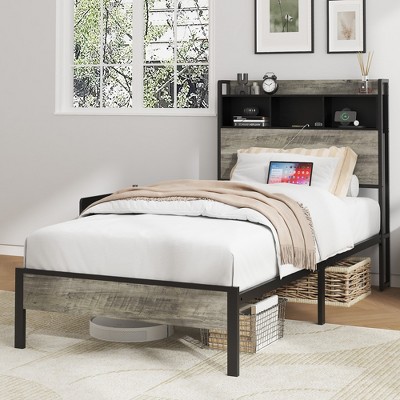 TIRAMISUBEST Twin/Full Size Platform Bed w/ Storage Headboard, Metal Bed Frame w/ USB Ports