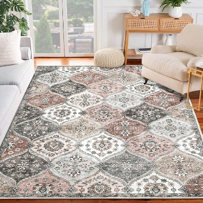 Washable  Area Rug, Non-Slip TPR Backing, Stain Resistant, Vintage Floral Design, Foldable Low Pile Accent Carpet for Living Room & Bedroom