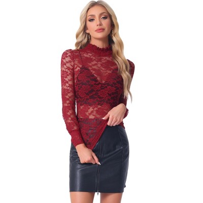 INSPIRE CHIC Women's See-Through Stretch Smocked High-Neck Long-Sleeve Lace Floral Blouse