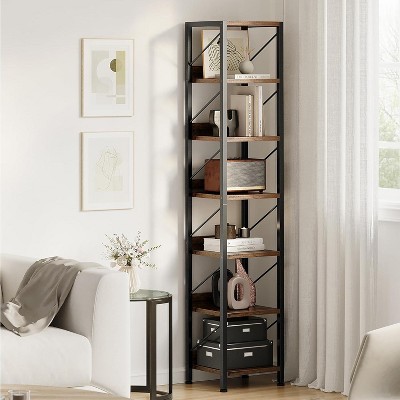 Coucheta 66"H 6-Tier Industrial Narrow Bookcase, Skinny Corner Shelf Rustic Brown for Bedroom, Living Room, Home Office