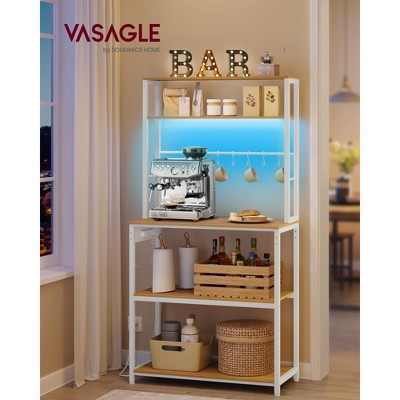 Modern Coffee Bar Cart with LED Lighting, Adjustable Shelves & Power Outlet, Multi-Purpose Kitchen Bakers Rack, 65.7 Inches Tall, Golden Oak