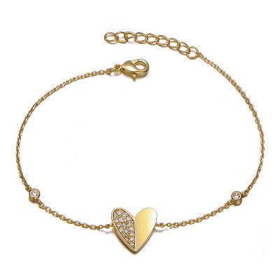 Guili Beautiful 14k Gold Plated Bracelet with Clear Cubic Zirconia Heart Station Charms – Elegant, Sparkling, and Romantic Design