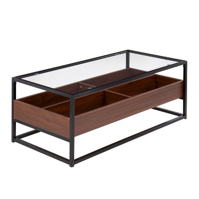 PAGED Modern 2-Tier Coffee Table with Glass Top & Wooden Storage,Minimalist Design Tea Table in Black Metal,Center Table for Living Room,Bedroom