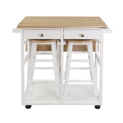 Square Hardwood Drop Leaf Table Top Breakfast Cart Natural/White - Flora Home: With Stools & Storage