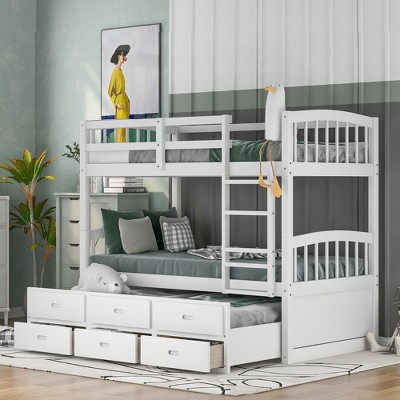 Twin over Twin Wood Bunk Bed with Guardrail, Twin Trundle Bed and Drawers -ModernLuxe