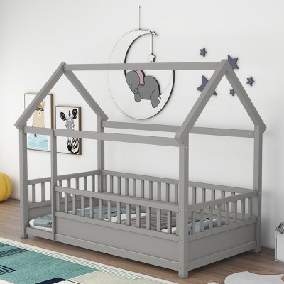 Accent Bed Frame Modern with High Fence Guardrail for Kids Bedroom Twin - 3irtyhousy