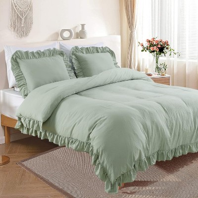 Ruffle Duvet Cover Set, 3-Piece Soft Washed Microfiber - Shabby Chic Style with Button Closure for Bedding