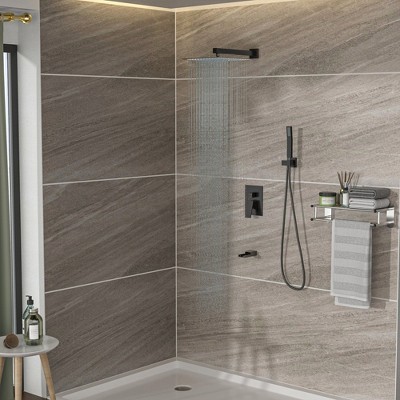 PAGED Premium 16-Inch Square Ceiling-Mount Showerhead System with Waterfall Tub Spout & Rough-In Valve, Modern Bathroom Set
