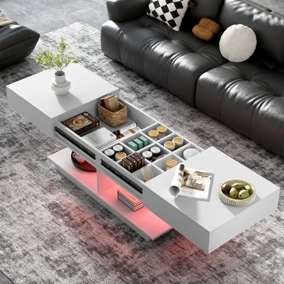 TIRAMISUBEST 2-Tier Design Extendable Coffee Table, Cocktail Table with Hidden Storage, End Table with Adjustable LED Light