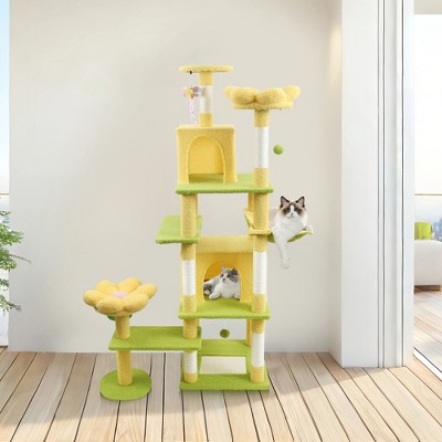 71 inch flower cat tree with large condo removable flower cushion and hammock yellow