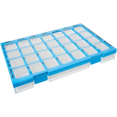 Ezy Dose Weekly (7-Day) Pharmadose Pill Organizer, Easy Fill Tray, 4 Times a Day, Blue (Large)