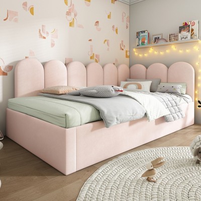 KTMBDW Upholstered Twin Size Day Bed Pull-Point Sofa Daybed Frame w/Twin Roll-Out Trundle, No Box Spring Needed, Furniture for Bedroom