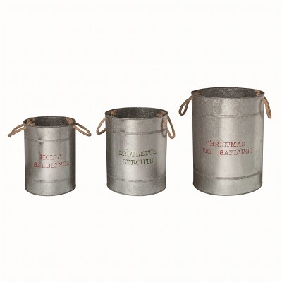 Transpac Set of 3 Gray Metal Christmas Buckets with Rope Handles 15.75 in Decorative Holiday Storage