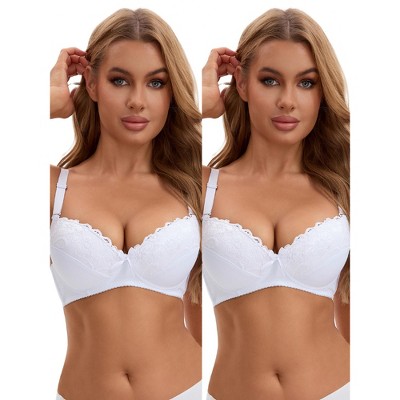 INSPIRE CHIC Women's Lace Trim Full Coverage Adjustable Strap Push Up Convertible Bra Set 2 Pcs