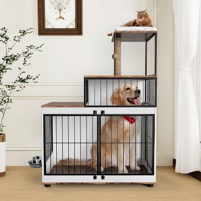 2-In-1 Wooden Pet Kennel for Homes with Dogs and Cats Multi-Functional Dog Crate Furniture with Cat Scratching Post & Rotating Bowls