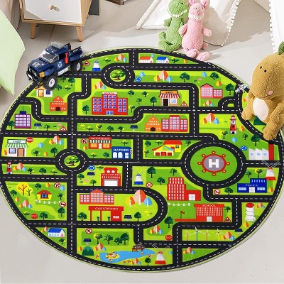 Round Rug for Kids, City Traffic, Low Pile, Non-Slip, Fun Educational Carpet for Toddler Boy Bedroom, Playroom.