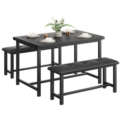 Kitchen Table Set with 2 Upholstered Benches for 4, Dining Room Metal and Wood Rectangular Table Set for Small Space, Apartment