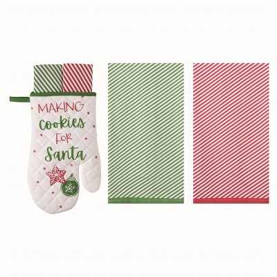 Transpac Fabric Oven Mitt and Towels Gift Set 3 Cotton Kitchen Textiles Multicolored Machine Washable Holiday Decor