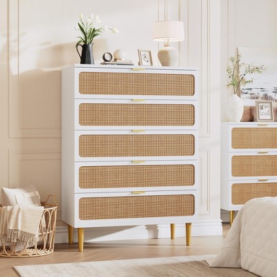 Garvee Rattan 5 Drawer Dresser for Bedroom, Tall Dresser with Deep Drawers, Large Chest of Drawers for Closet with Wide Top for Living Room, Hallway