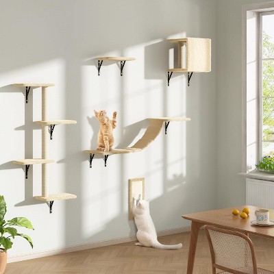 Sandinrayli Cat Wall Shelves - Wall-Mounted Set of 5, Floating Perches & Hanging Beds, Modern Furniture for Large Cats/Kitties (Beige)