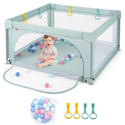 Safstar Baby Playpen, 49.5" x 49.5" Toddler Play Yard w/ 50 Ocean Balls & 4 Pull Rings, Non-Slip Safety Play Pen w/Zippered Door