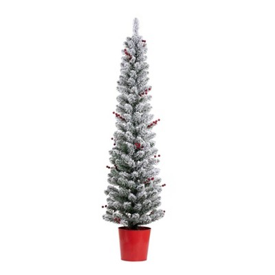 5ft Pre-Lit Flocked Berry Pencil Artificial Christmas Tree - Haute Décor: Indoor Slim Potted Holiday Decor