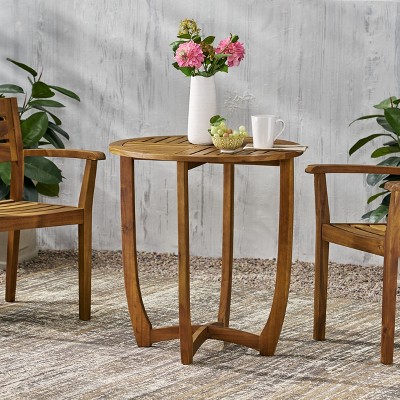 Airsurfer 27.5" Outdoor Circular Wood Bistro Table with Curved Legs and Slat Panel Table Top, Teak