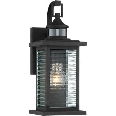 John Timberland Cameron Mission Outdoor Wall Light Fixture Textured Black Motion Sensor Dusk to Dawn 13 3/4" Clear Stripped Glass for Post Exterior