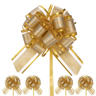 Unique Bargains Plastic Tree Stripes Gold Edge Large Satin Pull Bow 10 Count
