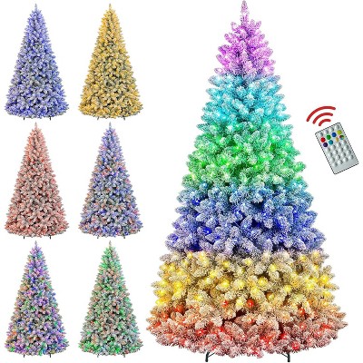 Vivatrees 7.5 Ft Prelit Snow Flocked Hinged Artificial Christmas Tree, 15 Lighting Modes with Multi Colors, Metal Stand, Xmas Tree for Decor, White
